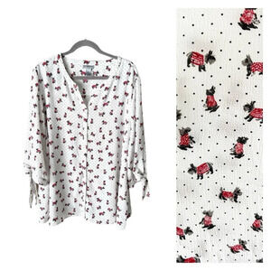 Catherine's Blouse Women's 2X Scottish Terrier Dog Print Button Down Dot 3/4 Top